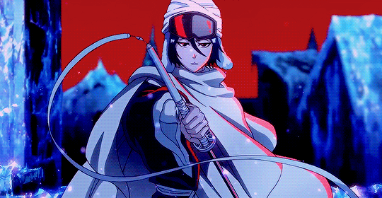 Na imagem vemos Rukia segurando sua espada, ao lado dela tudo está congelado por causa de seu poder
